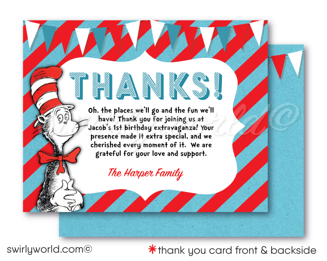 Step into Dr. Seuss's enchanting world with our "Cat in the Hat" 1st Birthday Invitation Set! 🎉📚 Featuring vibrant Thing 1 and Thing 2 images, red and blue stripes. Includes printed invitations, thank you cards, and envelopes. Perfect for a whimsical Seussian celebration! Customize easily for a memorable event!