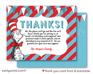 Step into Dr. Seuss's enchanting world with our "Cat in the Hat" 1st Birthday Invitation Set! 🎉📚 Featuring vibrant Thing 1 and Thing 2 images, red and blue stripes. Includes printed invitations, thank you cards, and envelopes. Perfect for a whimsical Seussian celebration! Customize easily for a memorable event!