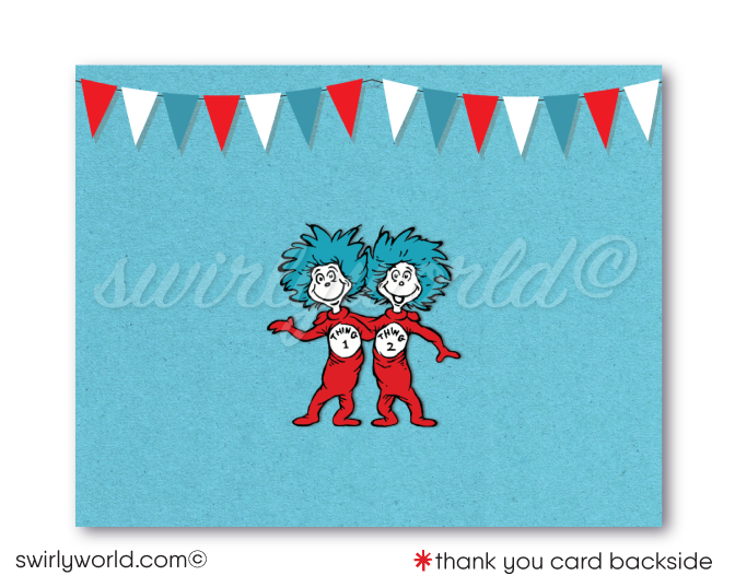 Step into Dr. Seuss's enchanting world with our "Cat in the Hat" 1st Birthday Invitation Set! 🎉📚 Featuring vibrant Thing 1 and Thing 2 images, red and blue stripes. Includes printed invitations, thank you cards, and envelopes. Perfect for a whimsical Seussian celebration! Customize easily for a memorable event!