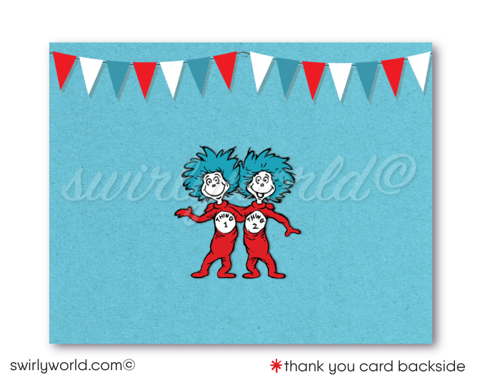 Cat in the Hat Dr Seuss First 1st Birthday Party Invitation thank you card Thing 1 Thing 2 Digital Download for Girl or Boy
