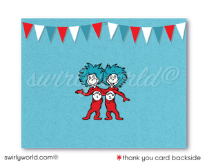 Cat in the Hat Dr Seuss First 1st Birthday Party Invitation thank you card Thing 1 Thing 2 Digital Download for Girl or Boy