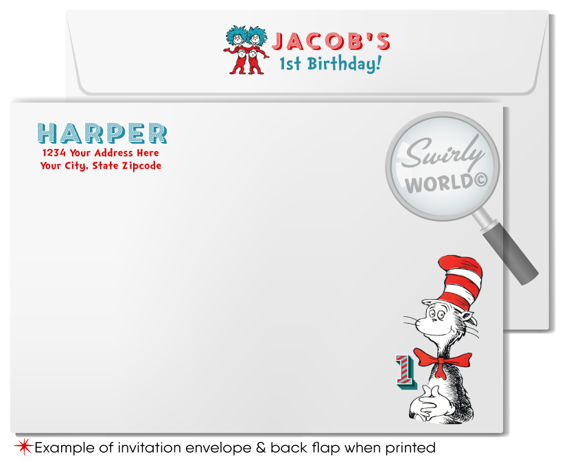 Step into Dr. Seuss's enchanting world with our "Cat in the Hat" 1st Birthday Invitation Set! 🎉📚 Featuring vibrant Thing 1 and Thing 2 images, red and blue stripes. Includes printed invitations, thank you cards, and envelopes. Perfect for a whimsical Seussian celebration! Customize easily for a memorable event!
