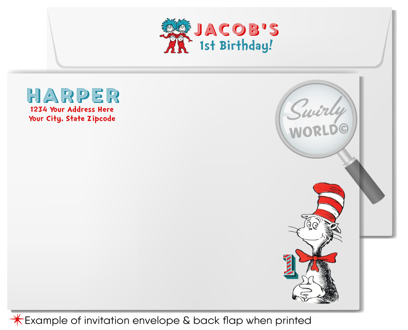 Vintage Cat in the Hat Dr Seuss First 1st Birthday Party Invitation Set Book Request Card Thing 1 and Thing 2 design for Girl or Boy