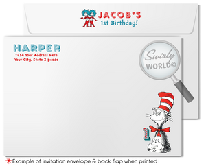 Step into Dr. Seuss's enchanting world with our "Cat in the Hat" 1st Birthday Invitation Set! 🎉📚 Featuring vibrant Thing 1 and Thing 2 images, red and blue stripes. Includes printed invitations, thank you cards, and envelopes. Perfect for a whimsical Seussian celebration! Customize easily for a memorable event!