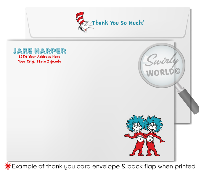 Step into Dr. Seuss's enchanting world with our "Cat in the Hat" 1st Birthday Invitation Set! 🎉📚 Featuring vibrant Thing 1 and Thing 2 images, red and blue stripes. Includes printed invitations, thank you cards, and envelopes. Perfect for a whimsical Seussian celebration! Customize easily for a memorable event!