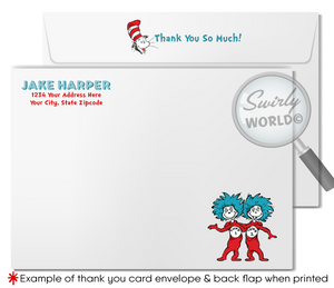 Step into Dr. Seuss's enchanting world with our "Cat in the Hat" 1st Birthday Invitation Set! 🎉📚 Featuring vibrant Thing 1 and Thing 2 images, red and blue stripes. Includes printed invitations, thank you cards, and envelopes. Perfect for a whimsical Seussian celebration! Customize easily for a memorable event!