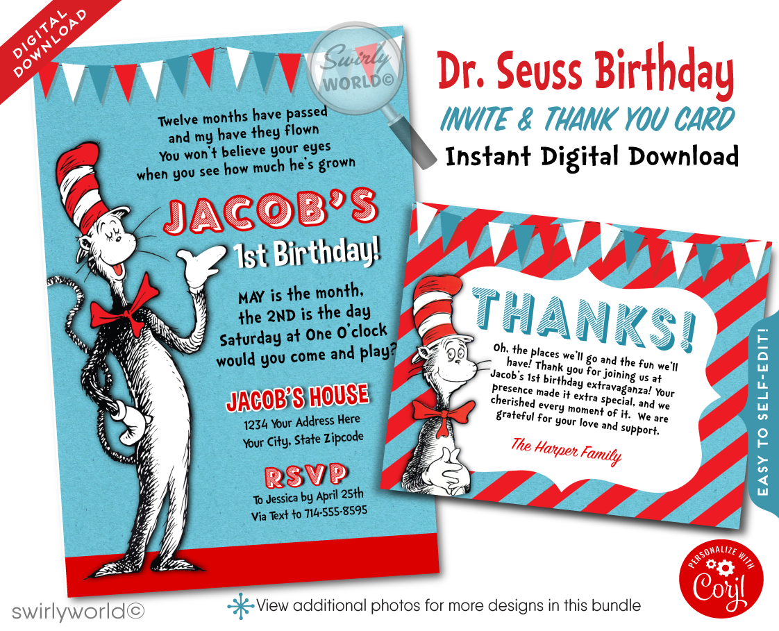 Cat in the Hat Dr Seuss First 1st Birthday Party Invitation Digital Do -  swirly-world-design