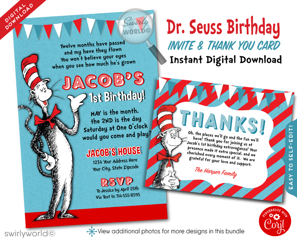 Cat in the Hat Dr Seuss First 1st Birthday Party Invitation Digital Download for Girl or Boy