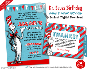 Cat in the Hat Dr Seuss First 1st Birthday Party Invitation Digital Download for Girl or BoyCelebrate with our Vintage "Cat in the Hat" 1st Birthday Invitation Set! 🎉📚 Featuring vibrant Thing 1 and Thing 2 images, red and blue striped accents. Customize easily with Corjl. Includes invitations, thank you cards, and envelopes. Perfect for a whimsical Dr. Seuss-themed milestone celebration!
