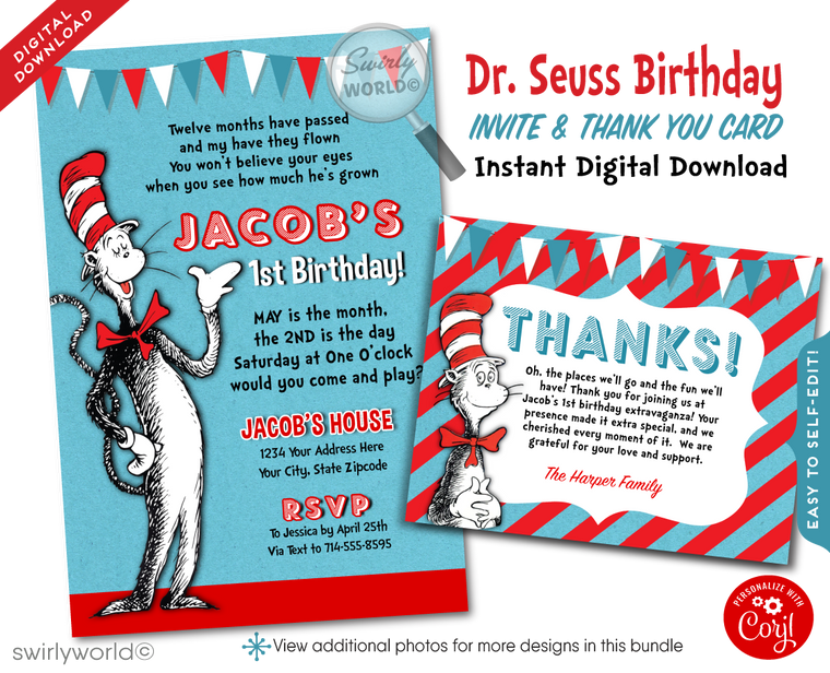 Cat in the Hat Dr Seuss First 1st Birthday Party Invitation Digital Download for Girl or Boy