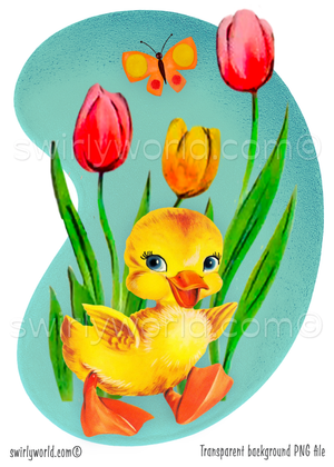 A rare vintage 1940s-1950s mid-century modern style kitschy baby duckling with tulip flowers and butterfly, set against a mcm boomerang shaped aqua blue background.