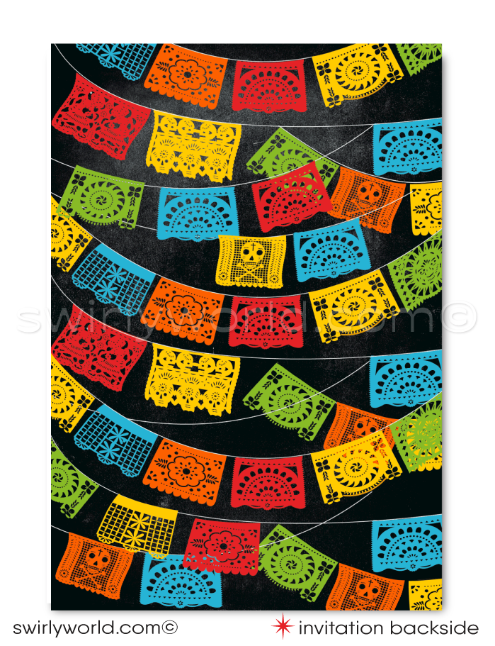 Celebrate with our vibrant Fiesta "Papel Picado" Mexican Style Invitation & Thank You Card set. Featuring Mariachi musicians, colorful papel picado flags, and Day of the Dead imagery, this high-quality card stock set captures the spirit of a traditional Mexican fiesta, perfect for your special celebration.