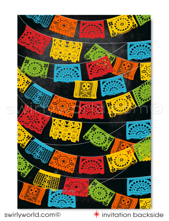 Celebrate with vibrant colors and festive melodies using our Fiesta-themed "Papel Picado" Mexican Style Invitation & Thank You Card set. Featuring Mariachi musicians and colorful flags, this digital download set is perfect for a lively Mexican fiesta. Easily personalize with Corjl for a festive touch!