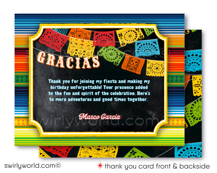 Celebrate with our vibrant Fiesta "Papel Picado" Mexican Style Invitation & Thank You Card set. Featuring Mariachi musicians, colorful papel picado flags, and Day of the Dead imagery, this high-quality card stock set captures the spirit of a traditional Mexican fiesta, perfect for your special celebration.