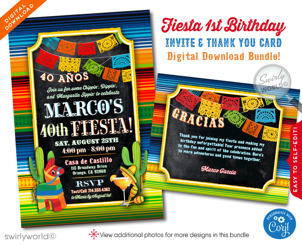 Ignite the excitement for your 40th birthday celebration with our vibrant Mexican "Papel Picado" Paper Flags themed digital invitation, designed to bring the festive spirit of a Fiesta to your special day. This unique invitation captures the essence of a traditional Mexican party, complete with a colorful margarita glass, complete with maracas and a playful mini sombrero adorning the salt-rimmed edge, setting the tone for a lively and memorable celebration.