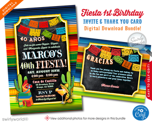 Ignite the excitement for your 40th birthday celebration with our vibrant Mexican "Papel Picado" Paper Flags themed digital invitation, designed to bring the festive spirit of a Fiesta to your special day. This unique invitation captures the essence of a traditional Mexican party, complete with a colorful margarita glass, complete with maracas and a playful mini sombrero adorning the salt-rimmed edge, setting the tone for a lively and memorable celebration.