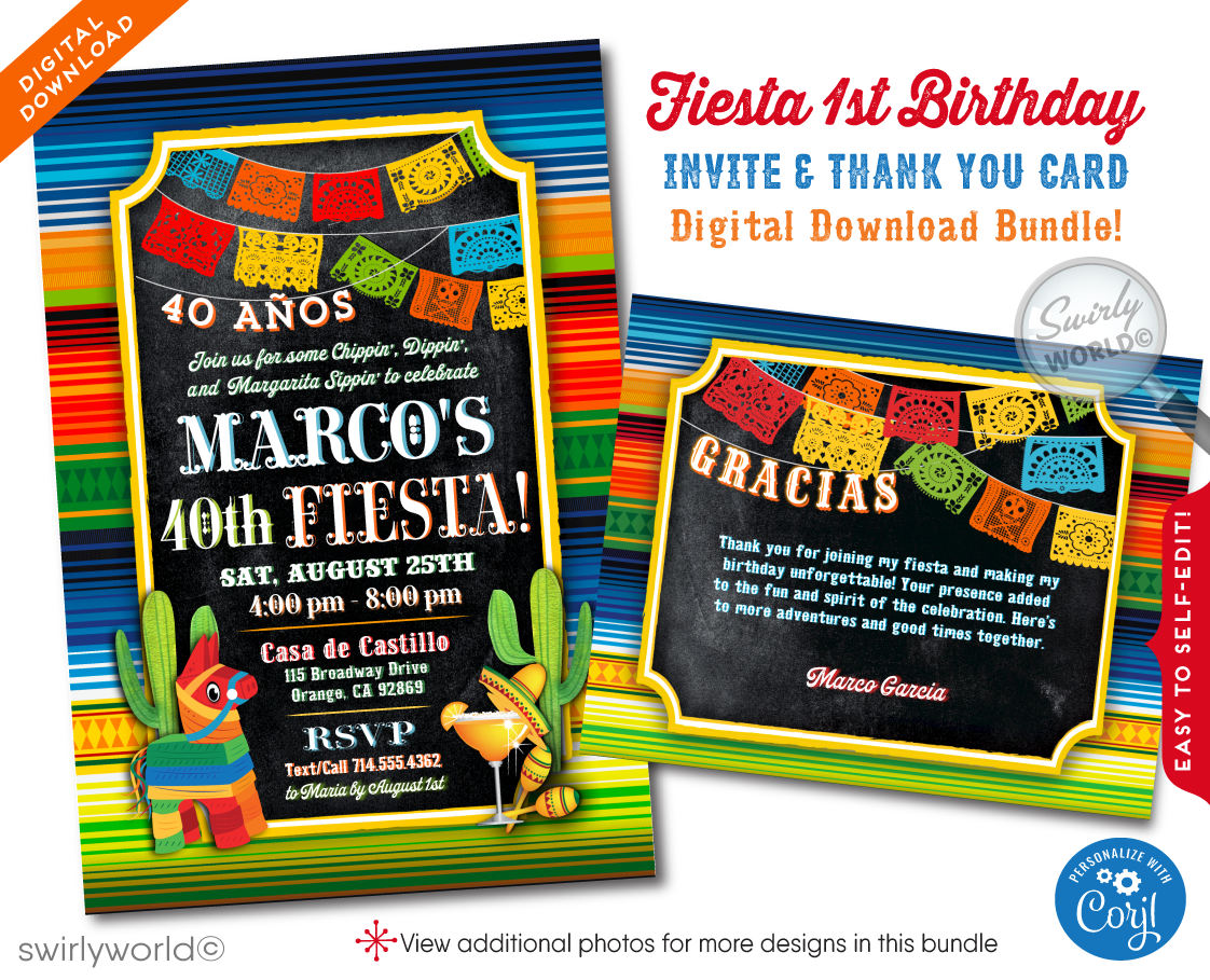Printed on high-quality card stock, every detail of this Fiesta Mexican themed birthday invitation promises to impress your guests with its professional finish and creative flair. From the bold and bright color palette to the intricate designs that echo the spirit of a Mexican fiesta, this invitation is not just a call to party—it's an announcement of a memorable adventure in celebration of your little one's first milestone.