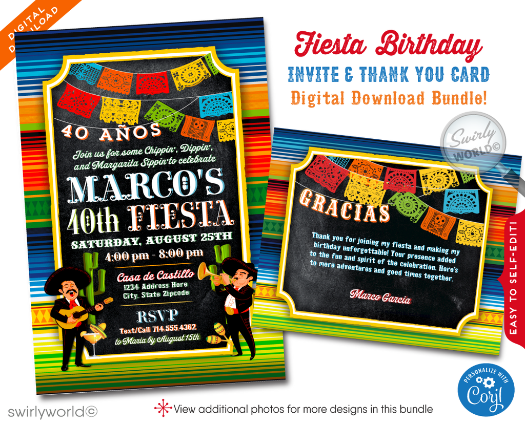 Celebrate with vibrant colors and festive melodies using our Fiesta-themed "Papel Picado" Mexican Style Invitation & Thank You Card set. Featuring Mariachi musicians and colorful flags, this digital download set is perfect for a lively Mexican fiesta. Easily personalize with Corjl for a festive touch!