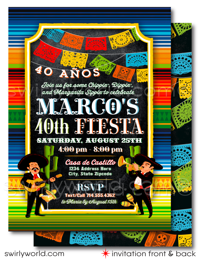 Step into a world of vibrant colors and festive melodies with our Fiesta-themed Paper Flags "Papel Picado" Mexican Style Birthday Invitation and Thank You Card digital downloadable set. This lively invitation ensemble is a tribute to the rich traditions of Mexican celebrations, featuring exuberant Mariachi musicians—a charismatic horn player and a skilled guitarist—ready to serenade guests in honor of your special day.