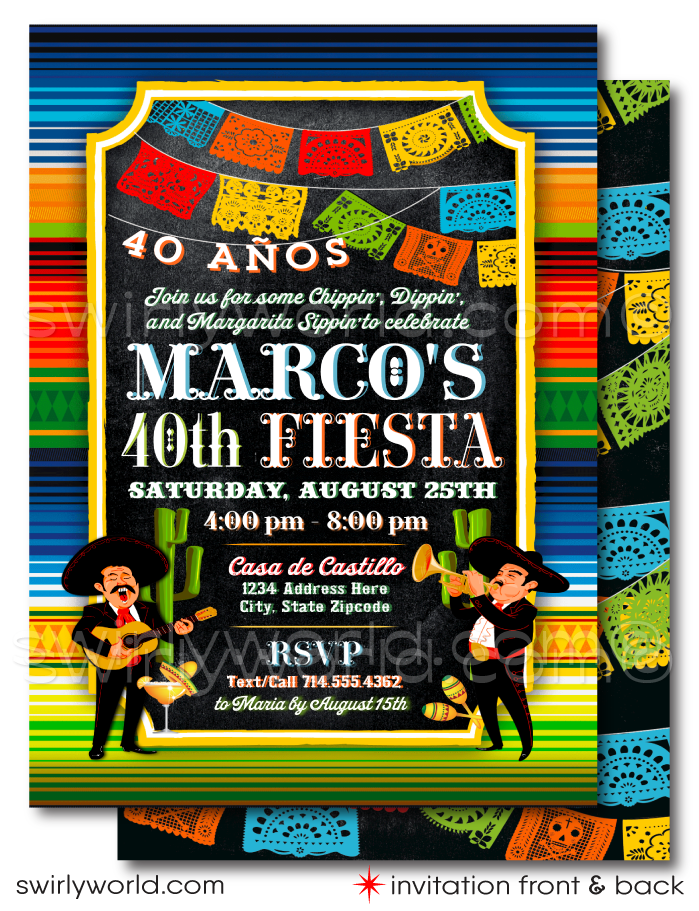 Celebrate with our vibrant Fiesta "Papel Picado" Mexican Style Invitation & Thank You Card set. Featuring Mariachi musicians, colorful papel picado flags, and Day of the Dead imagery, this high-quality card stock set captures the spirit of a traditional Mexican fiesta, perfect for your special celebration.