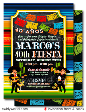 Celebrate with our vibrant Fiesta "Papel Picado" Mexican Style Invitation & Thank You Card set. Featuring Mariachi musicians, colorful papel picado flags, and Day of the Dead imagery, this high-quality card stock set captures the spirit of a traditional Mexican fiesta, perfect for your special celebration.