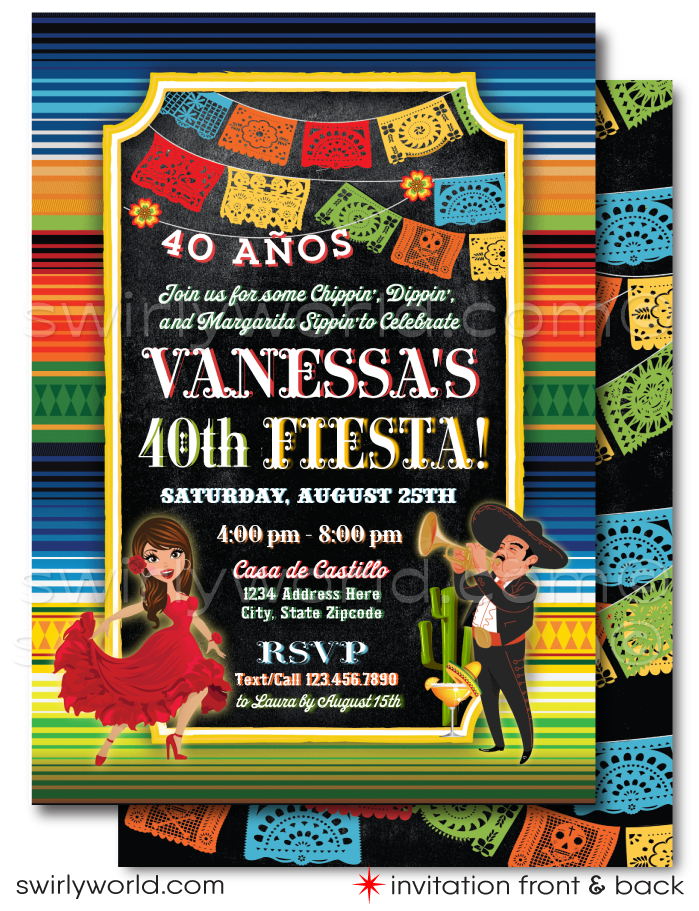 Celebrate with flair using our Mexican Fiesta "Papel Picado" Invitation & Thank You Card digital download. Featuring a lively Señorita dancer and Mariachi, this vibrant design captures Mexican tradition and festivity. Customize easily on Corjl to set the perfect tone for your fiesta with colorful papel picado flags and joyful imagery.
