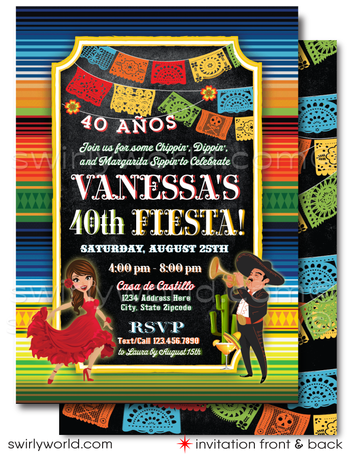 Immerse your guests in the vibrancy and rhythm of Mexico with our Mexican Fiesta "Papel Picado" Paper Flags Invitation and Thank You Card digital download set, featuring a stunning Señorita dancer in a flowing red dress and a Mariachi serenading with his horn. This captivating design encapsulates the soulful heart of Mexican celebrations, inviting your guests to a birthday fiesta filled with color, music, and dance.