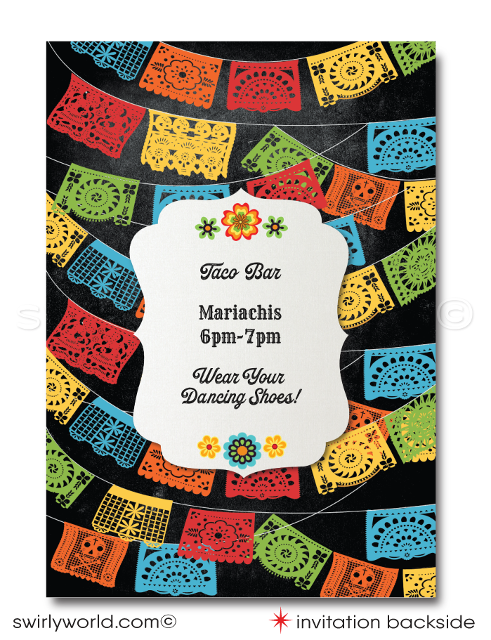 Little Señorita Mexican Fiesta "Papel Picado" Paper Flags 40th Birthday Party Invitation Digital Download