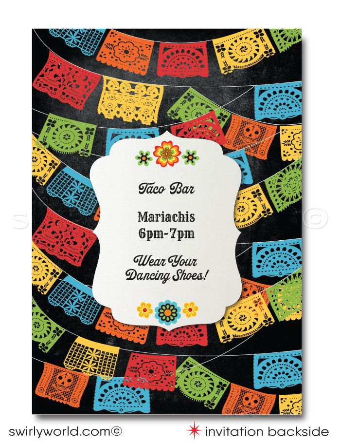 Celebrate with flair using our Mexican Fiesta "Papel Picado" Invitation & Thank You Card digital download. Featuring a lively Señorita dancer and Mariachi, this vibrant design captures Mexican tradition and festivity. Customize easily on Corjl to set the perfect tone for your fiesta with colorful papel picado flags and joyful imagery.
