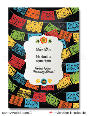 Celebrate with flair using our Mexican Fiesta "Papel Picado" Invitation & Thank You Card digital download. Featuring a lively Señorita dancer and Mariachi, this vibrant design captures Mexican tradition and festivity. Customize easily on Corjl to set the perfect tone for your fiesta with colorful papel picado flags and joyful imagery.
