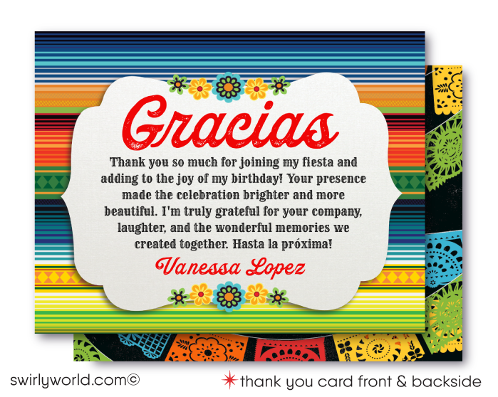 Celebrate with flair using our Mexican Fiesta "Papel Picado" Invitation & Thank You Card digital download. Featuring a lively Señorita dancer and Mariachi, this vibrant design captures Mexican tradition and festivity. Customize easily on Corjl to set the perfect tone for your fiesta with colorful papel picado flags and joyful imagery.