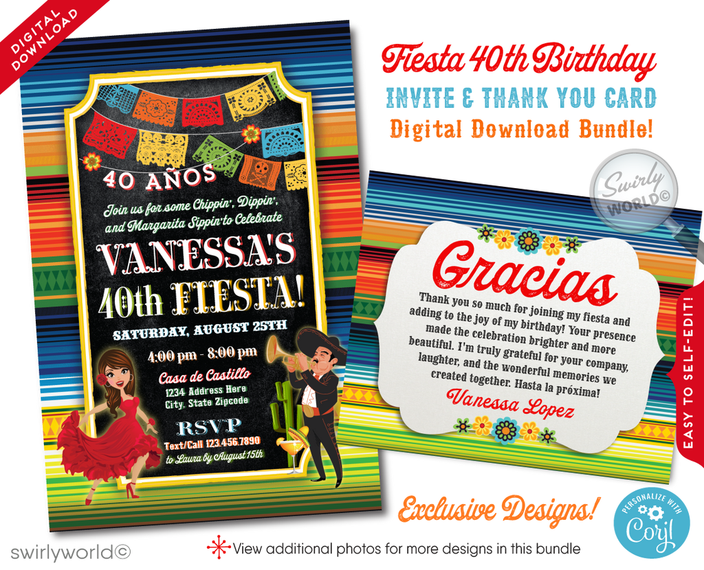 Celebrate with flair using our Mexican Fiesta "Papel Picado" Invitation & Thank You Card digital download. Featuring a lively Señorita dancer and Mariachi, this vibrant design captures Mexican tradition and festivity. Customize easily on Corjl to set the perfect tone for your fiesta with colorful papel picado flags and joyful imagery.