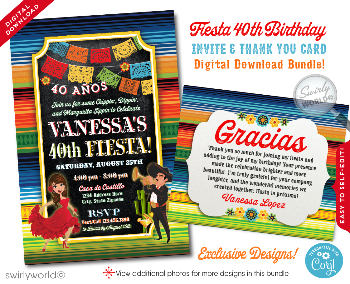 Celebrate with flair using our Mexican Fiesta "Papel Picado" Invitation & Thank You Card digital download. Featuring a lively Señorita dancer and Mariachi, this vibrant design captures Mexican tradition and festivity. Customize easily on Corjl to set the perfect tone for your fiesta with colorful papel picado flags and joyful imagery.