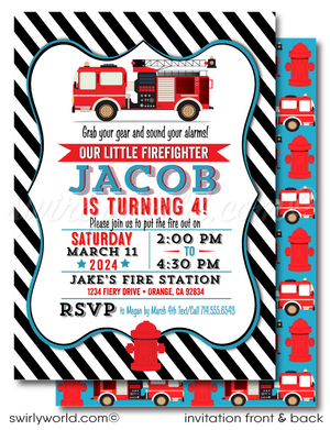 Fireman Firefighter First Responder Fire Truck Hero Digital Birthday Invitations 