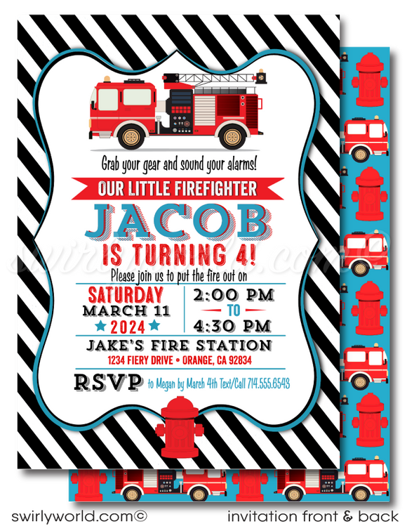 Fireman Firefighter First Responder Fire Truck Hero Digital Birthday Invitations 