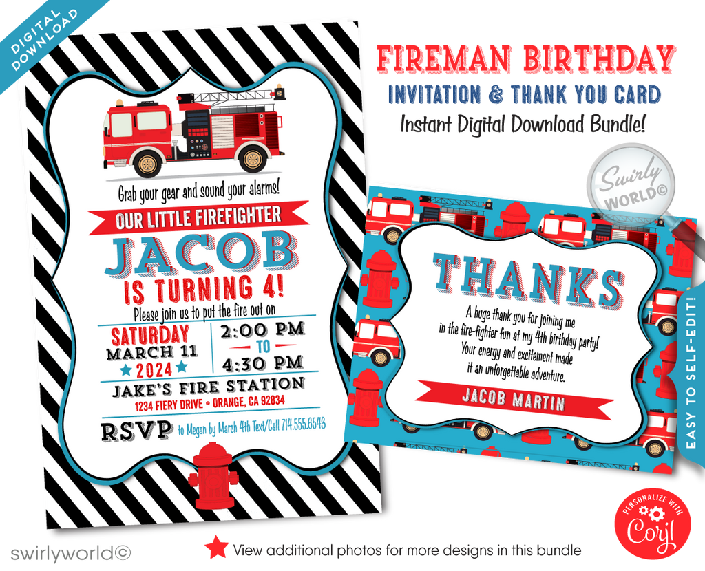 Fireman Firefighter First Responder Fire Truck Hero Digital Birthday Invitations 