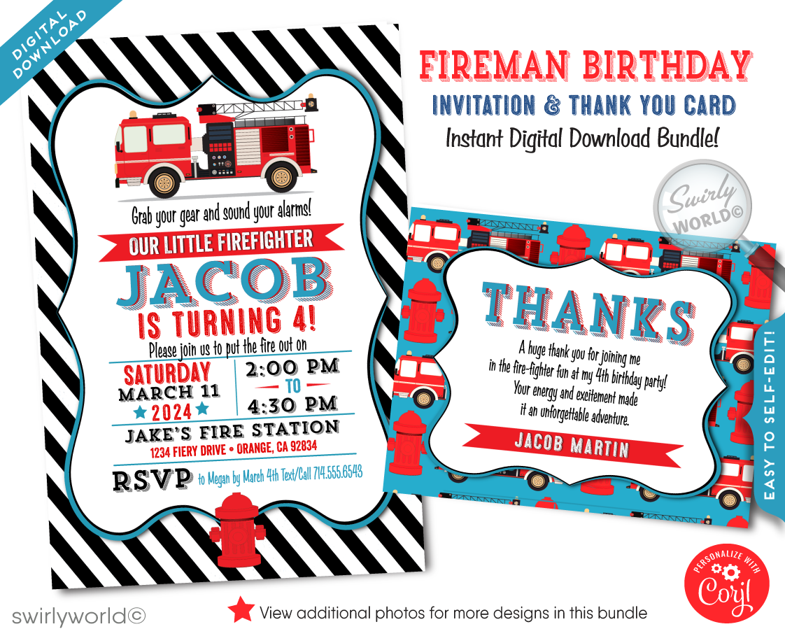 Fireman Firefighter First Responder Fire Truck Hero Digital Birthday Invitations 