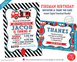 Fireman Firefighter First Responder Fire Truck Hero Digital Birthday Invitations 