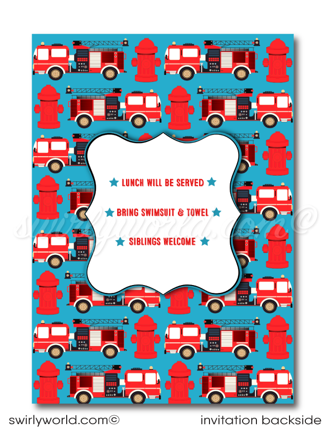 Fireman Firefighter First Responder Fire Truck Hero Digital Birthday Invitations 