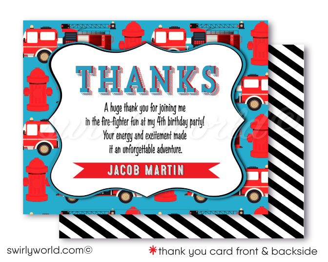 Fireman Firefighter First Responder Fire Truck Hero Digital Birthday Invitations 