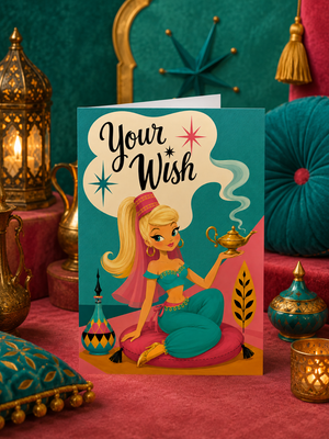 A personalized greeting card styled in a festive, Arabian-themed setting. The card features an illustration of a woman resembling Jasmine Aladdin sitting on a pink cushion, with a speech bubble that reads 'Your Wish'.