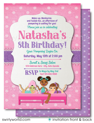 This exclusive "Spa Day" digital invitation is designed to whisk away guests to a serene day of pampering, all before they've even arrived. It's set against a cute polkadot pink backdrop with pastel colors of purple, aqua blue, and pink tones. The invitation is adorned with elegant and playful retro-style typography, inviting guests to "A Day of Pampering: Nails, Facials, and Makeup Await!"