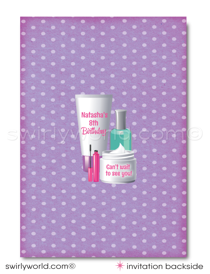This exclusive "Spa Day" digital invitation is designed to whisk away guests to a serene day of pampering, all before they've even arrived. It's set against a cute polkadot pink backdrop with pastel colors of purple, aqua blue, and pink tones. The invitation is adorned with elegant and playful retro-style typography, inviting guests to "A Day of Pampering: Nails, Facials, and Makeup Await!"