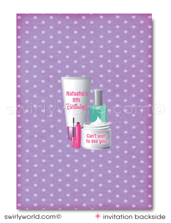 This exclusive "Spa Day" digital invitation is designed to whisk away guests to a serene day of pampering, all before they've even arrived. It's set against a cute polkadot pink backdrop with pastel colors of purple, aqua blue, and pink tones. The invitation is adorned with elegant and playful retro-style typography, inviting guests to "A Day of Pampering: Nails, Facials, and Makeup Await!"