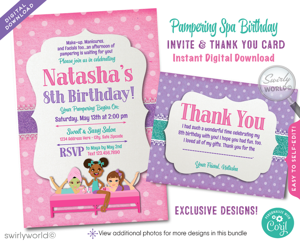 This exclusive "Spa Day" digital invitation is designed to whisk away guests to a serene day of pampering, all before they've even arrived. It's set against a cute polkadot pink backdrop with pastel colors of purple, aqua blue, and pink tones. The invitation is adorned with elegant and playful retro-style typography, inviting guests to "A Day of Pampering: Nails, Facials, and Makeup Await!"