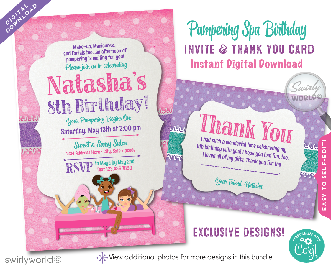 This exclusive "Spa Day" digital invitation is designed to whisk away guests to a serene day of pampering, all before they've even arrived. It's set against a cute polkadot pink backdrop with pastel colors of purple, aqua blue, and pink tones. The invitation is adorned with elegant and playful retro-style typography, inviting guests to "A Day of Pampering: Nails, Facials, and Makeup Await!"