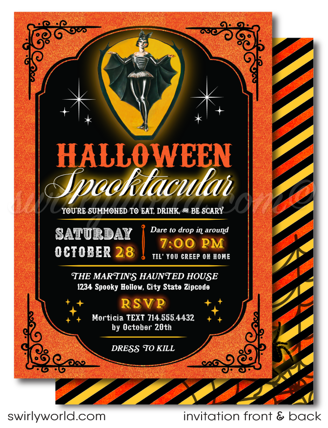 Elevate your Halloween gathering with our goth-inspired vintage party invitation! Featuring eerie Steampunk artwork and cool typography in a classic orange and black palette, this customizable design is perfect for an adult-themed celebration. Download instantly and share via post, print, text, email, or evite.