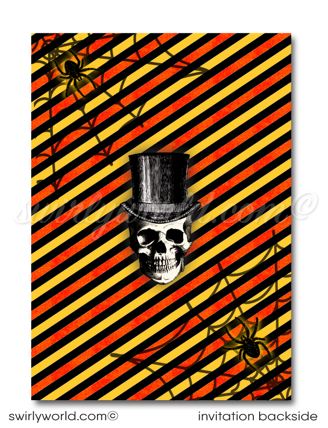 Elevate your Halloween gathering with our goth-inspired vintage party invitation! Featuring eerie Steampunk artwork and cool typography in a classic orange and black palette, this customizable design is perfect for an adult-themed celebration. Download instantly and share via post, print, text, email, or evite.