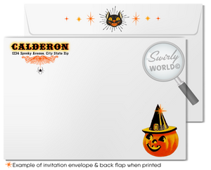 Set the tone for an elegant Halloween gathering with our gothic Steampunk vintage party invitations! Featuring eerie artwork and cool typography in a classic orange and black palette, these printed invitations come with custom envelopes. Perfect for an adult-themed celebration that exudes spooky sophistication.