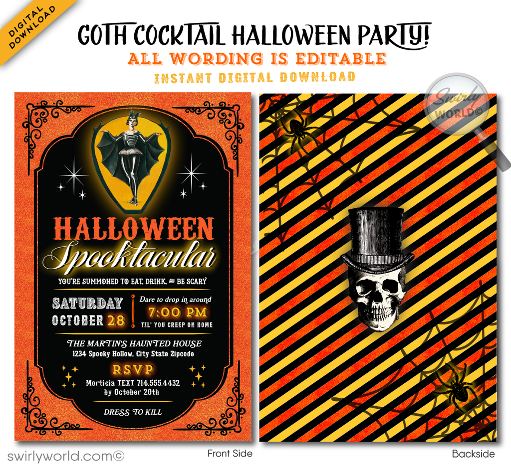 Elevate your Halloween gathering with our goth-inspired vintage party invitation! Featuring eerie Steampunk artwork and cool typography in a classic orange and black palette, this customizable design is perfect for an adult-themed celebration. Download instantly and share via post, print, text, email, or evite.